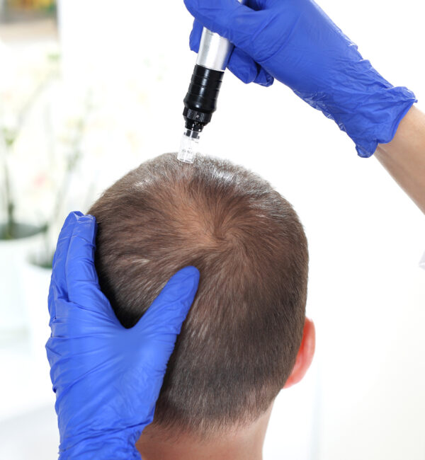 Man with thinning hair receiving treatment of microneedling for hair loss.