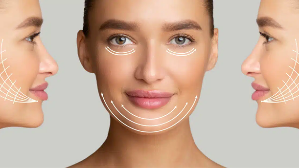 Woman showing facial skin lifting contour lines