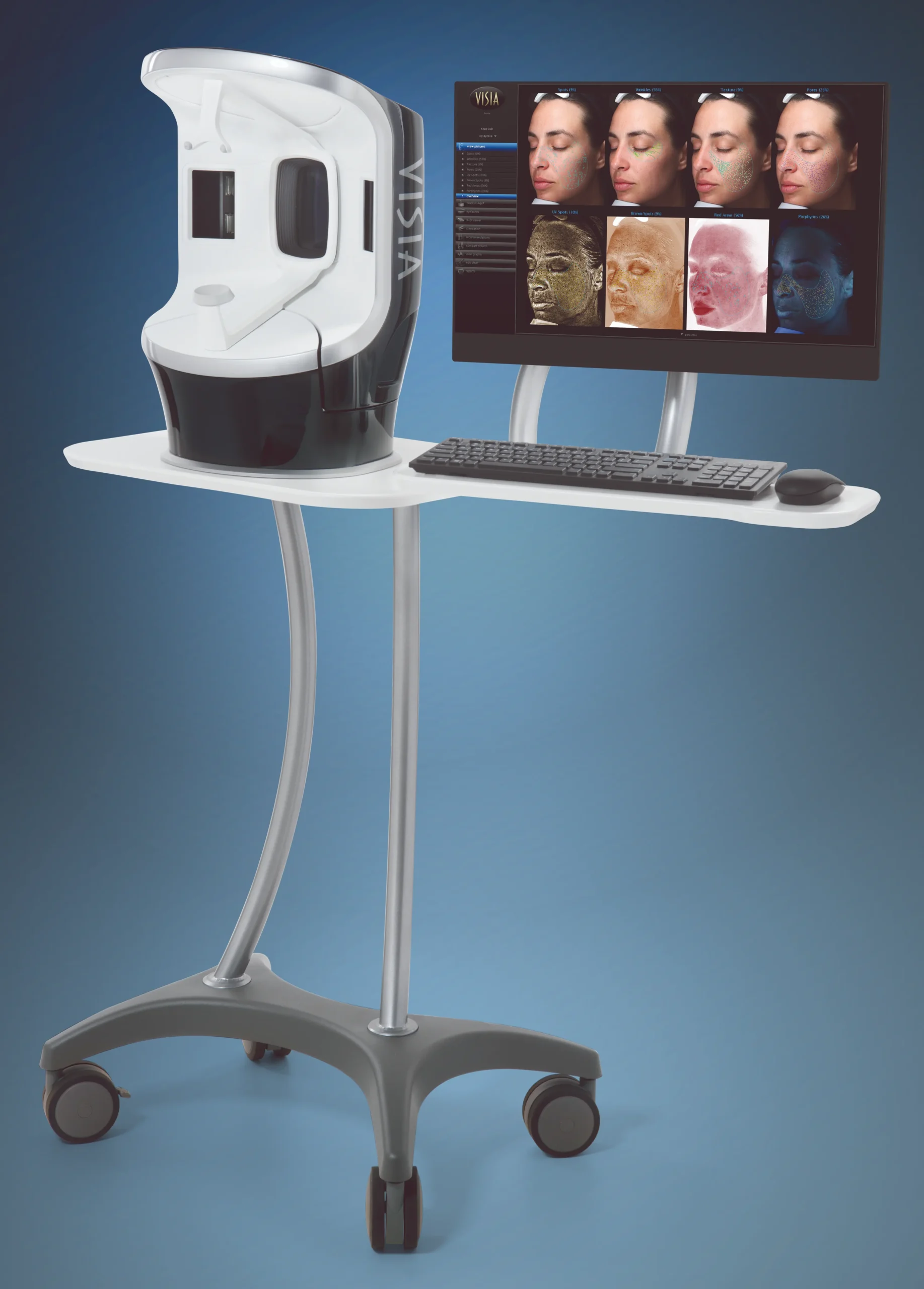 Advanced Skin Analysis with VISIA 7 Deluxe VISIA 7 Deluxe machine with monitor displaying skin analysis results on a blue backdrop.