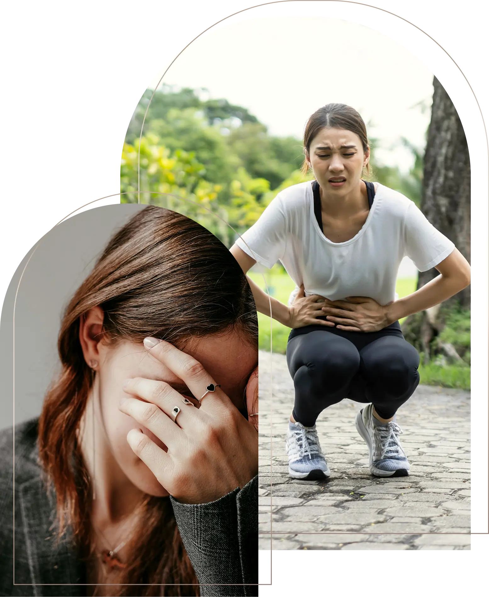 Woman with stomach pain and woman with headache