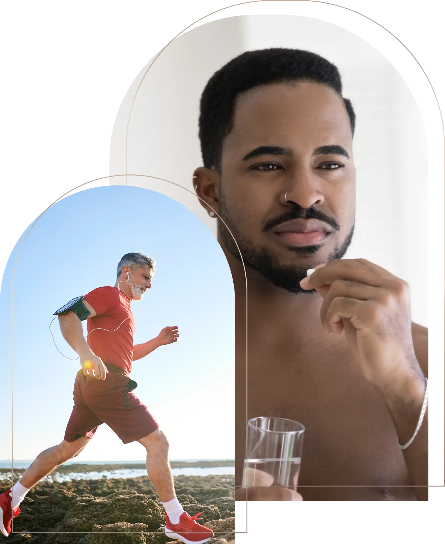Man taking pill with water and older man jogging outdoors Man taking pill and older man jogging outdoors