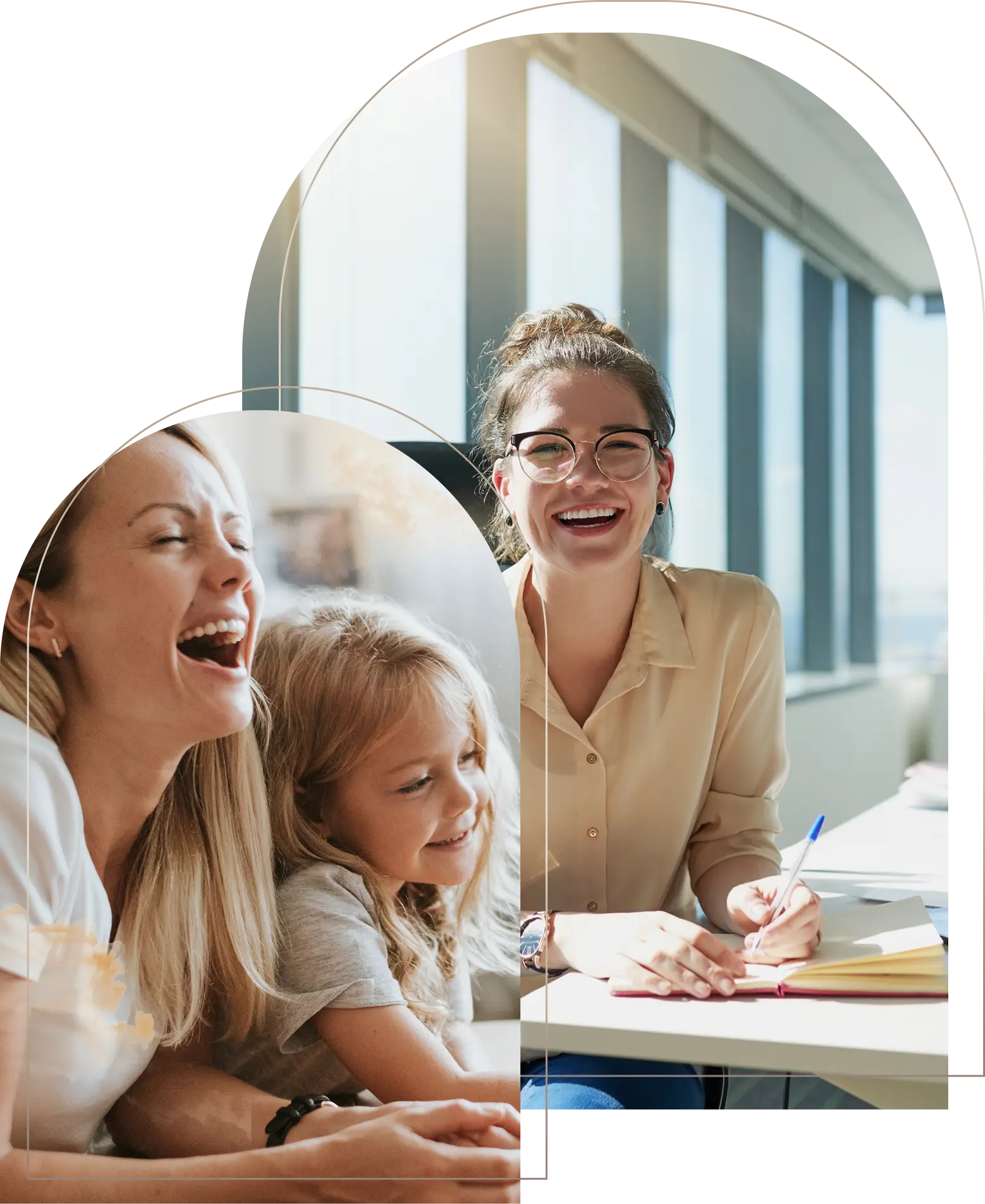Woman smiling writing notebook family laughing