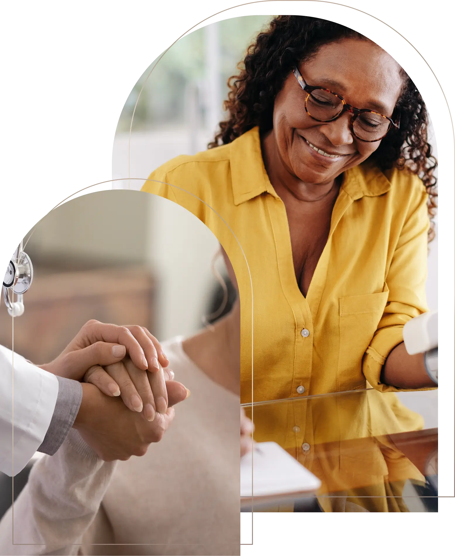 Smiling woman in yellow shirt consulting with healthcare professional Woman smiling during healthcare consultation session